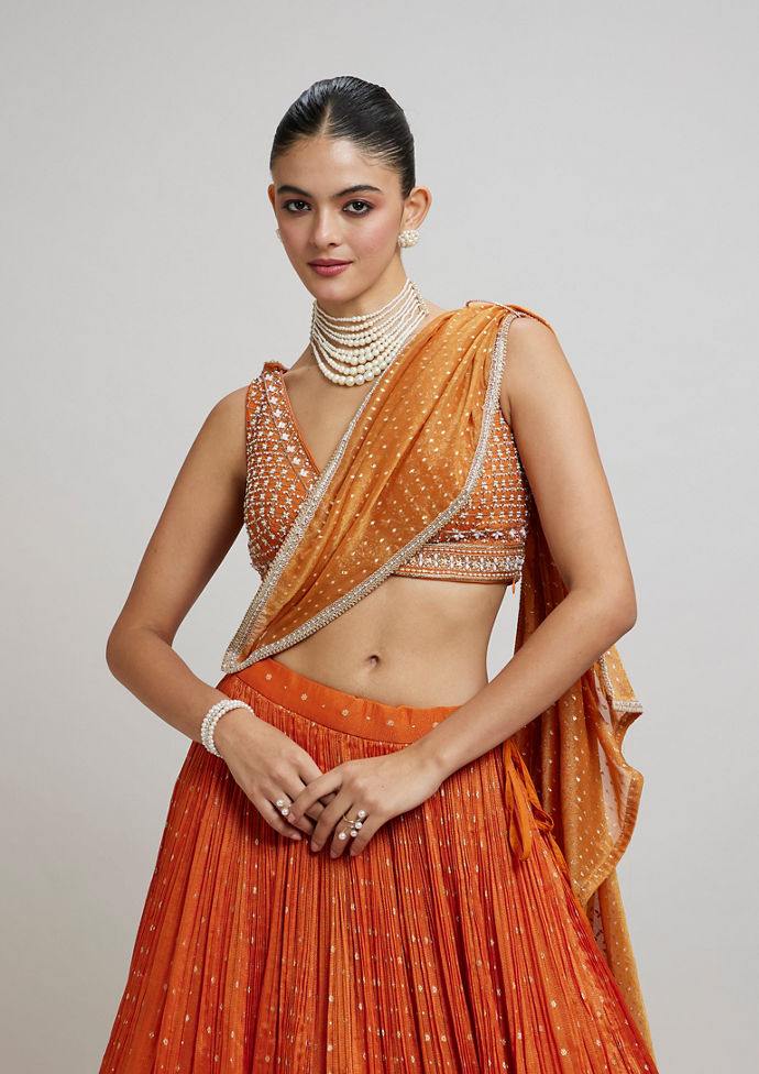 Twamev Women Orange Georgette Festive Lehenga