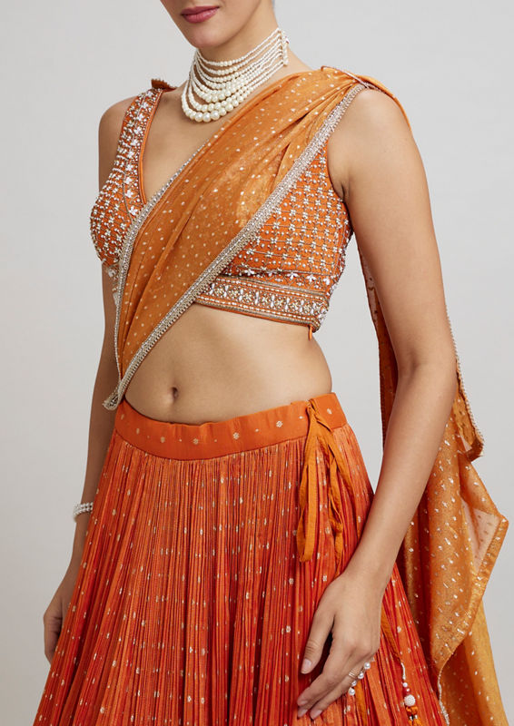 Twamev Women Orange Georgette Festive Lehenga