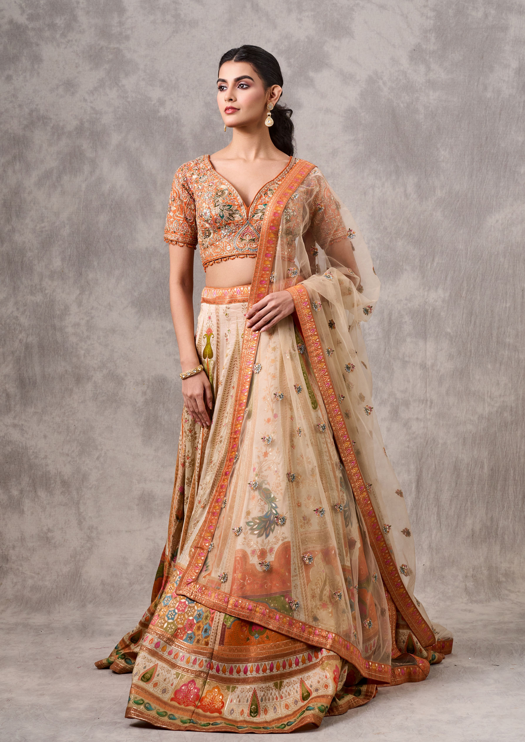 Twamev Women Cream-Orange Lehenga Extravaganza