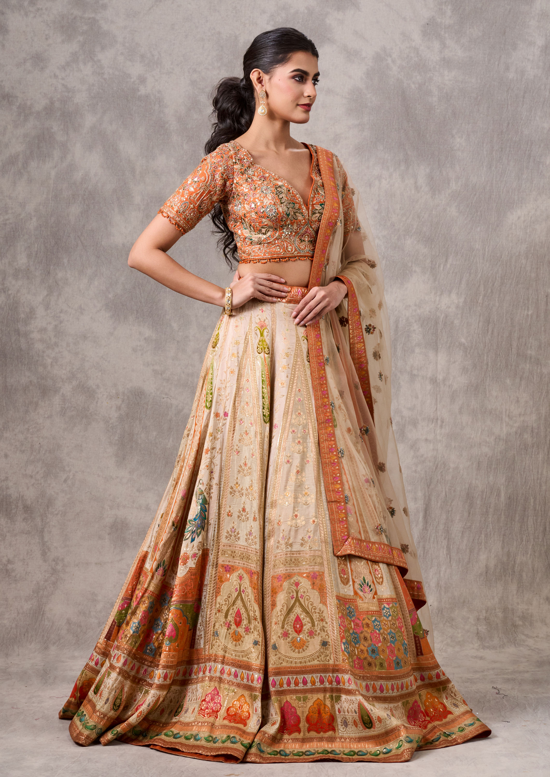 Twamev Women Cream-Orange Lehenga Extravaganza