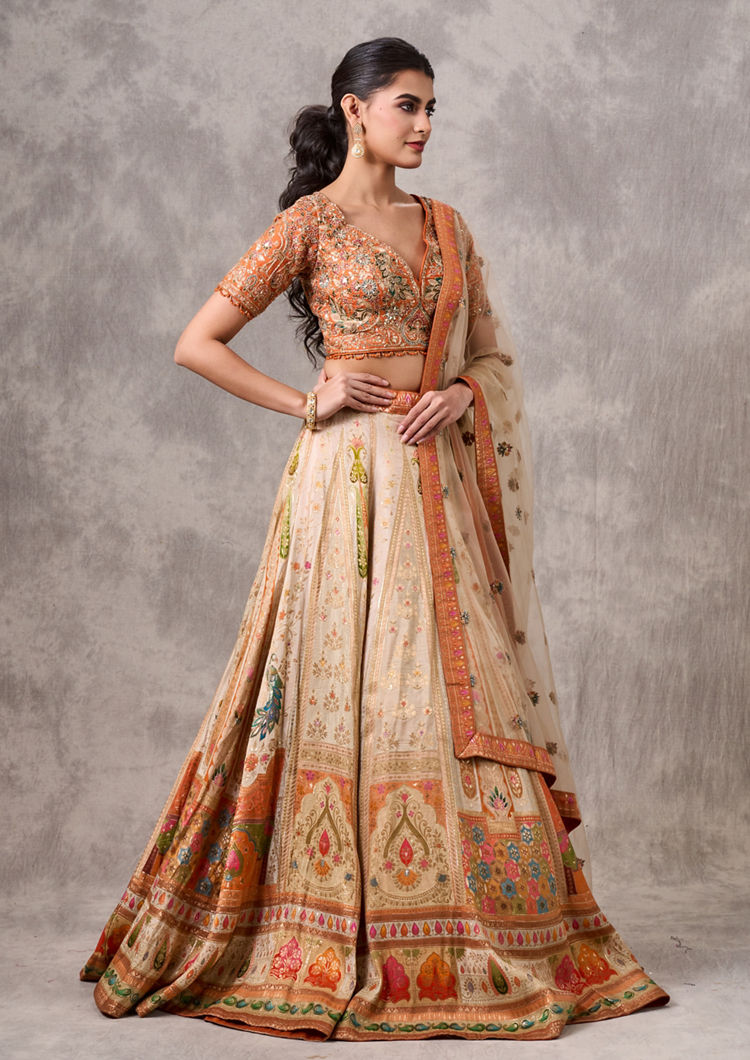 Twamev Women Cream-Orange Lehenga Extravaganza
