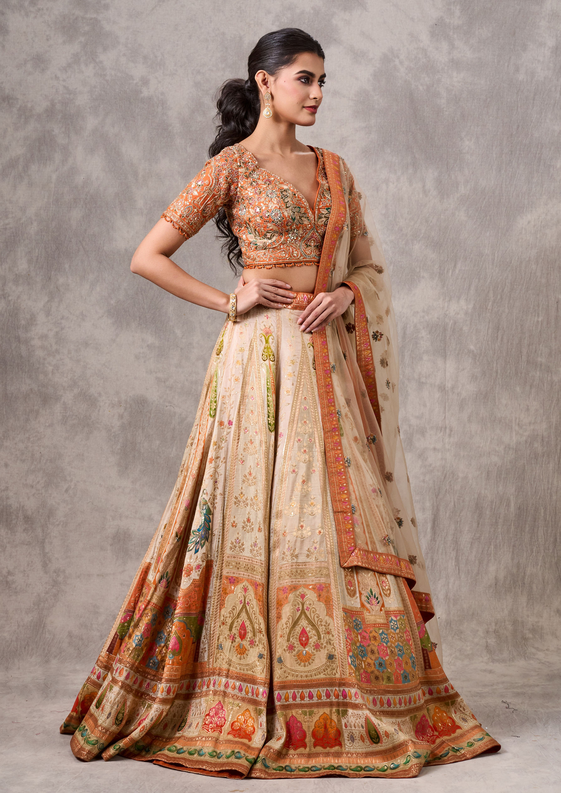 Twamev Women Cream-Orange Lehenga Extravaganza