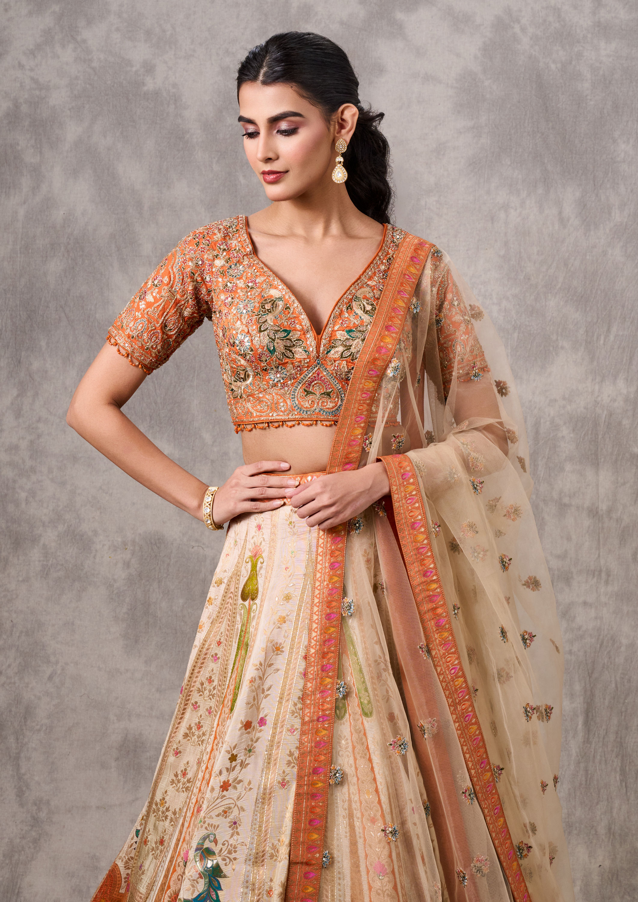 Twamev Women Cream-Orange Lehenga Extravaganza