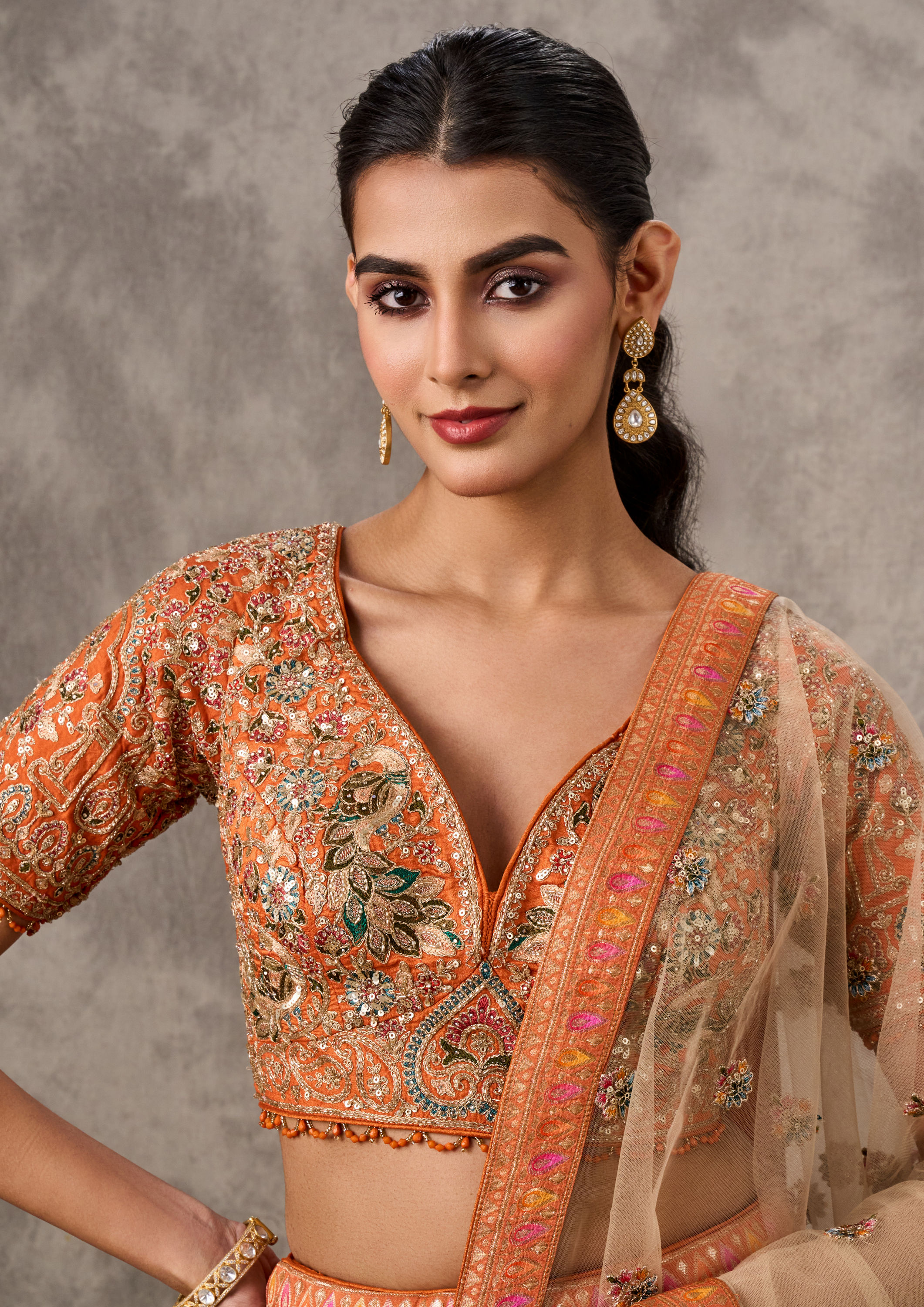 Twamev Women Cream-Orange Lehenga Extravaganza