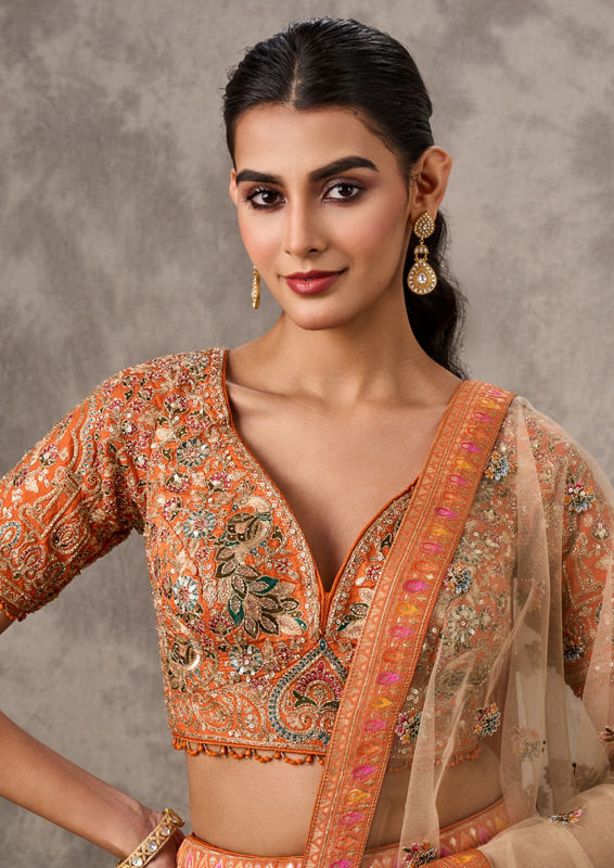 Twamev Women Cream-Orange Lehenga Extravaganza