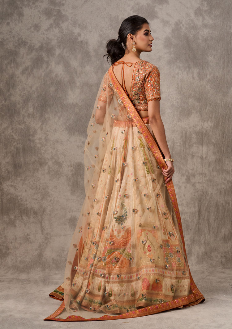 Twamev Women Cream-Orange Lehenga Extravaganza