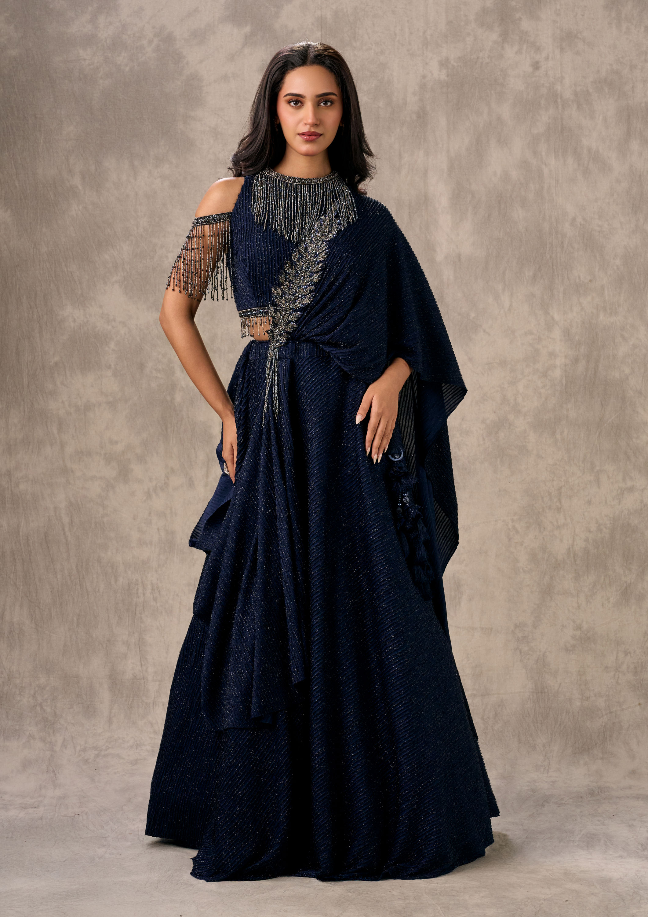 Twamev Women Navy Blue Crepe Sequin Embroidered Lehenga