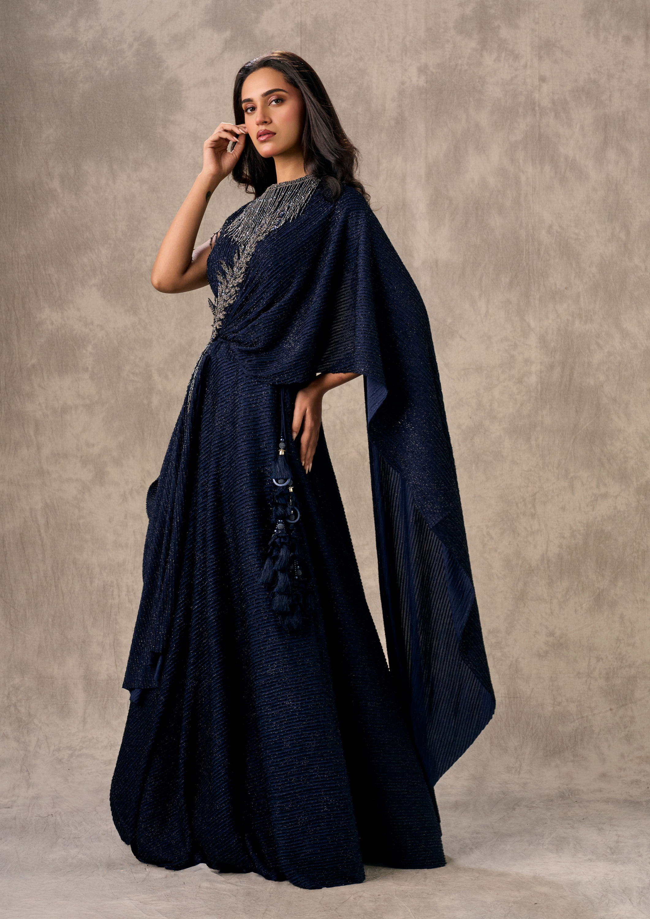 Twamev Women Navy Blue Crepe Sequin Embroidered Lehenga