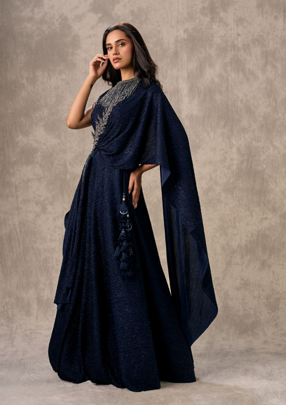 Twamev Women Navy Blue Crepe Sequin Embroidered Lehenga