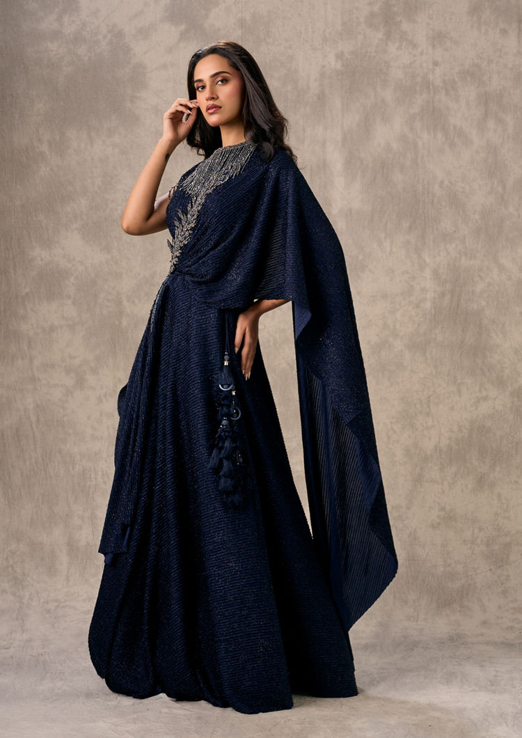 Twamev Women Navy Blue Crepe Sequin Embroidered Lehenga