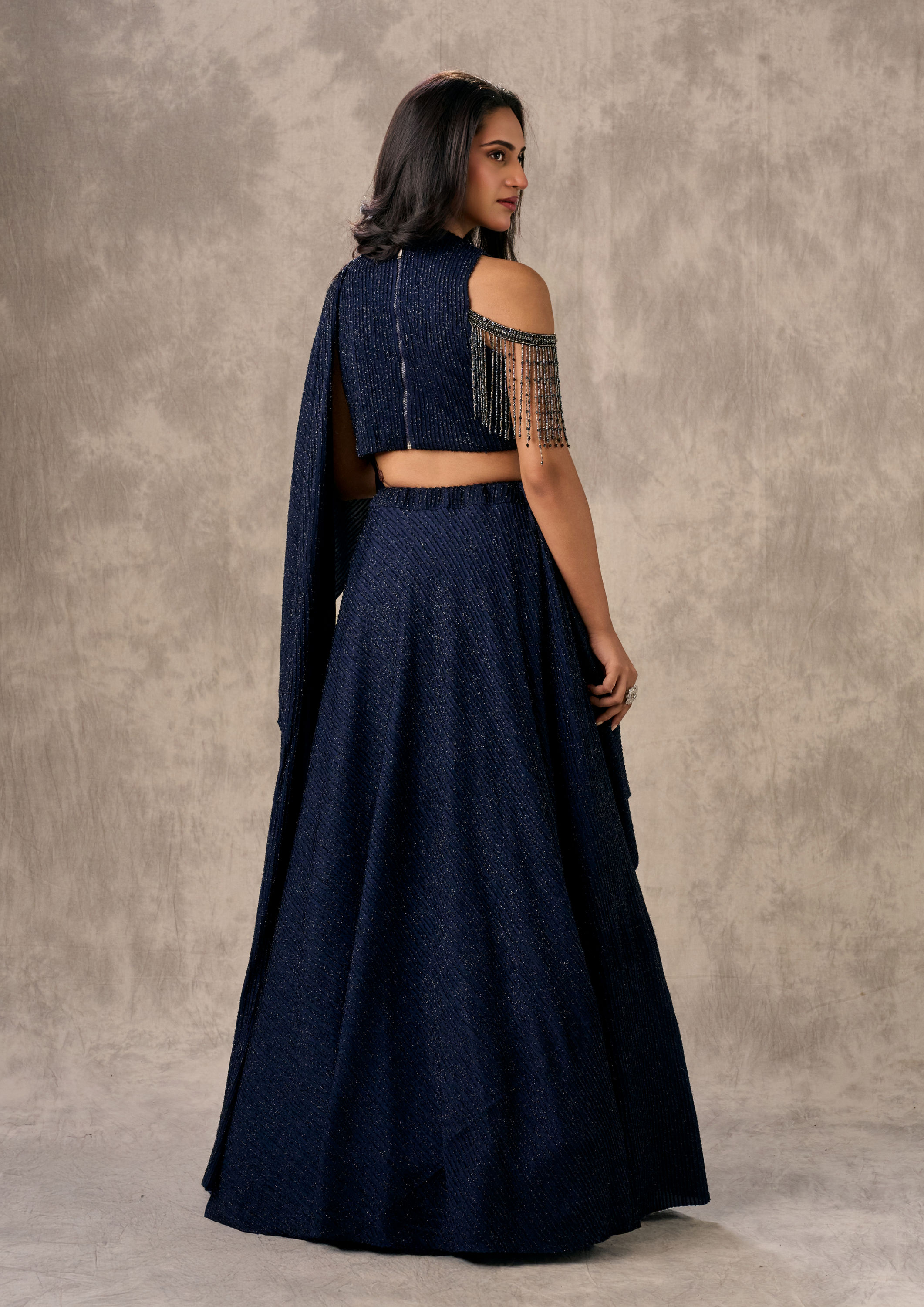Twamev Women Navy Blue Crepe Sequin Embroidered Lehenga