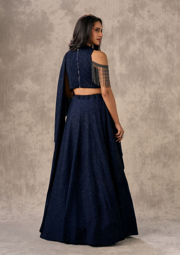 Twamev Women Navy Blue Crepe Sequin Embroidered Lehenga