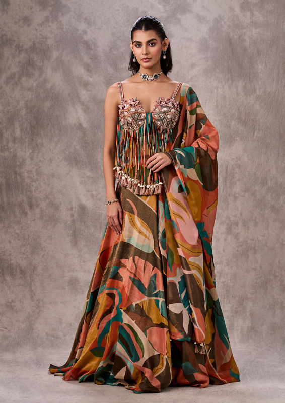 Twamev Women Peach Splendor Tissue Lehenga