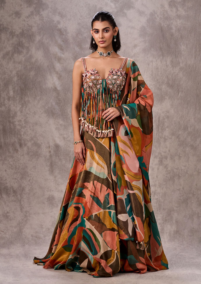 Twamev Women Peach Multicolour Tissue Printed Tassel Crop Top Lehenga