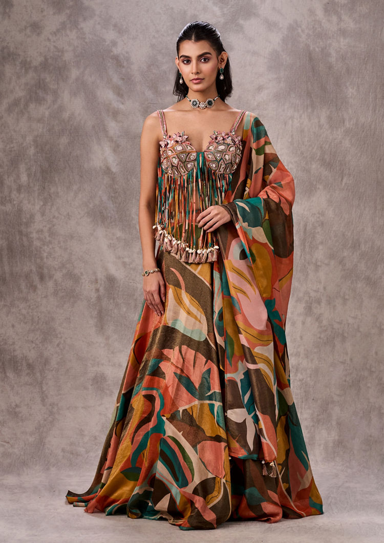 Twamev Women Peach Splendor Tissue Lehenga