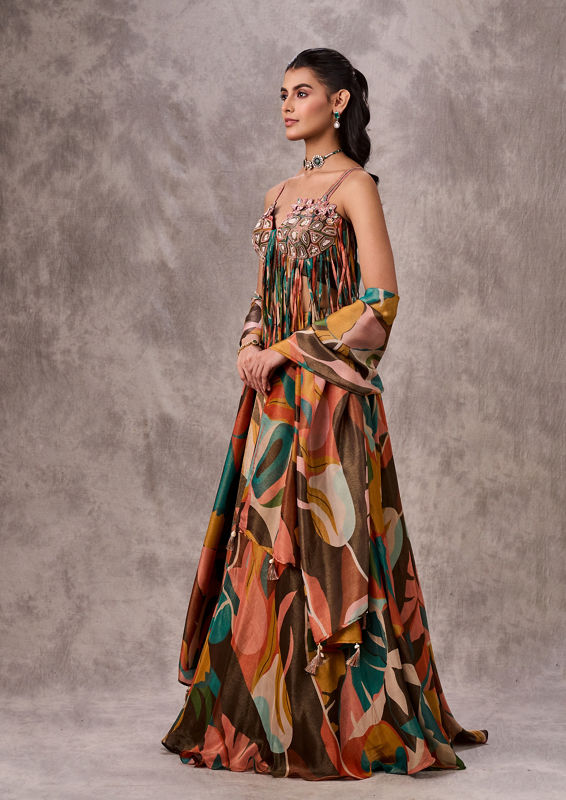 Twamev Women Peach Splendor Tissue Lehenga