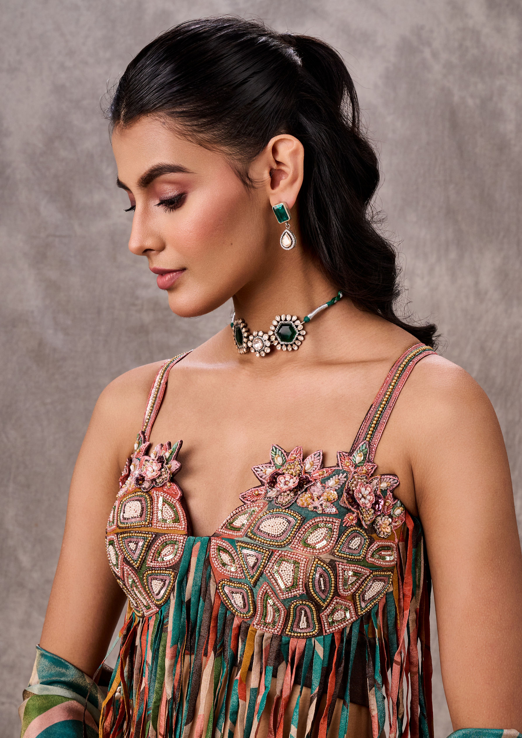 Twamev Women Peach Splendor Tissue Lehenga