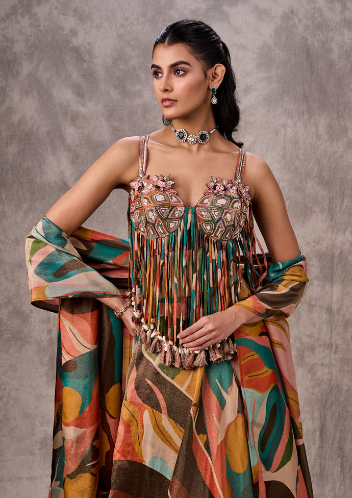 Twamev Women Peach Multicolour Tissue Printed Tassel Crop Top Lehenga