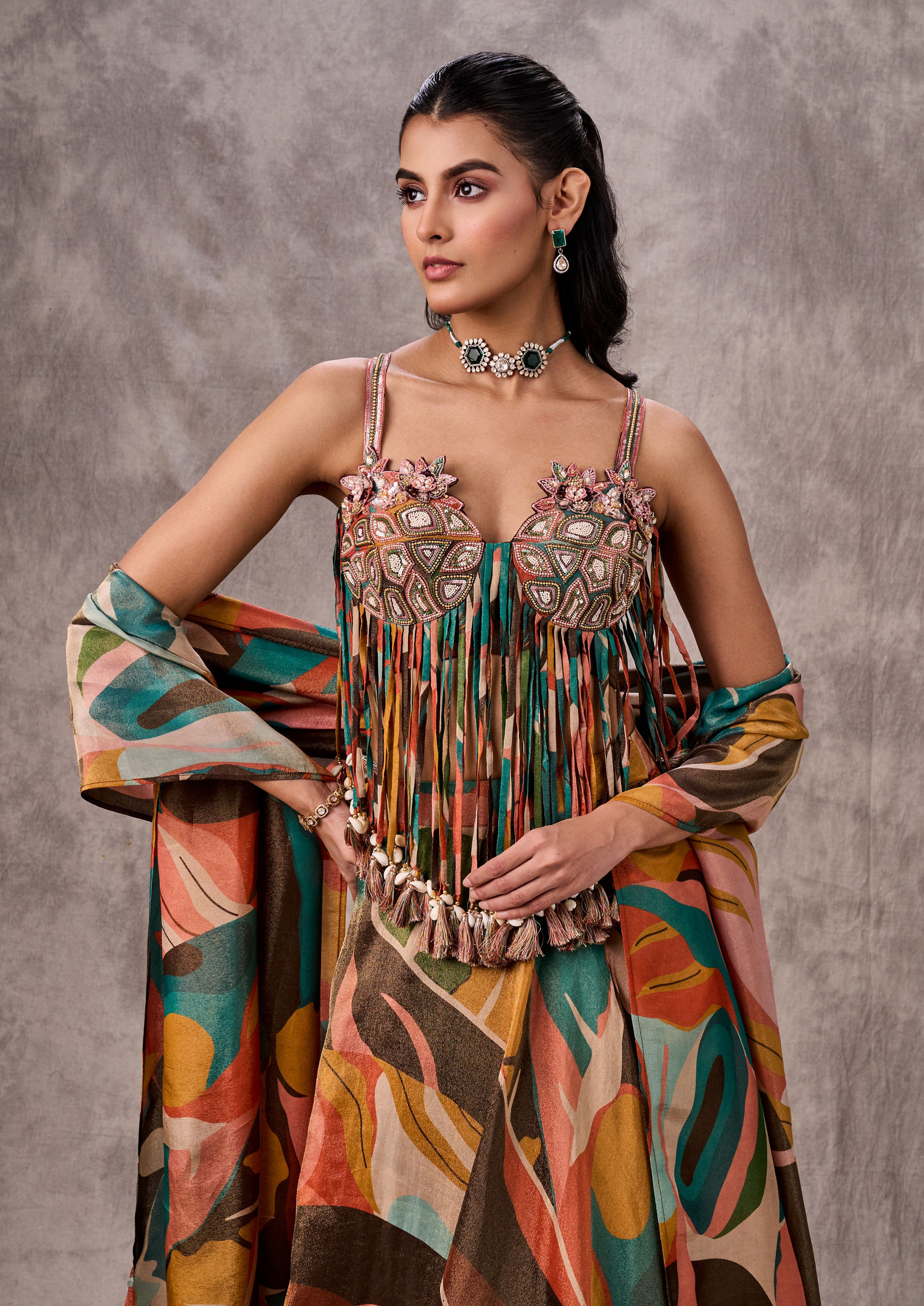 Twamev Women Peach Splendor Tissue Lehenga