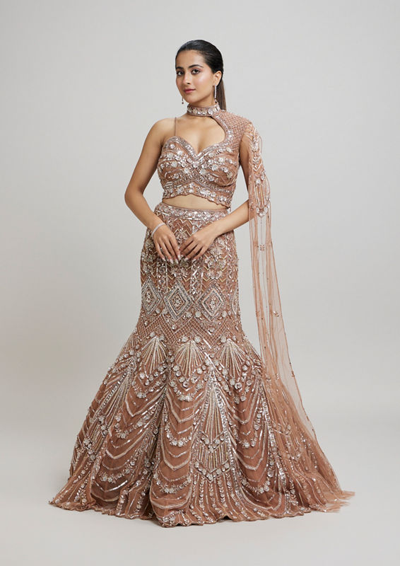 Twamev Women Regal Brown Net Lehenga
