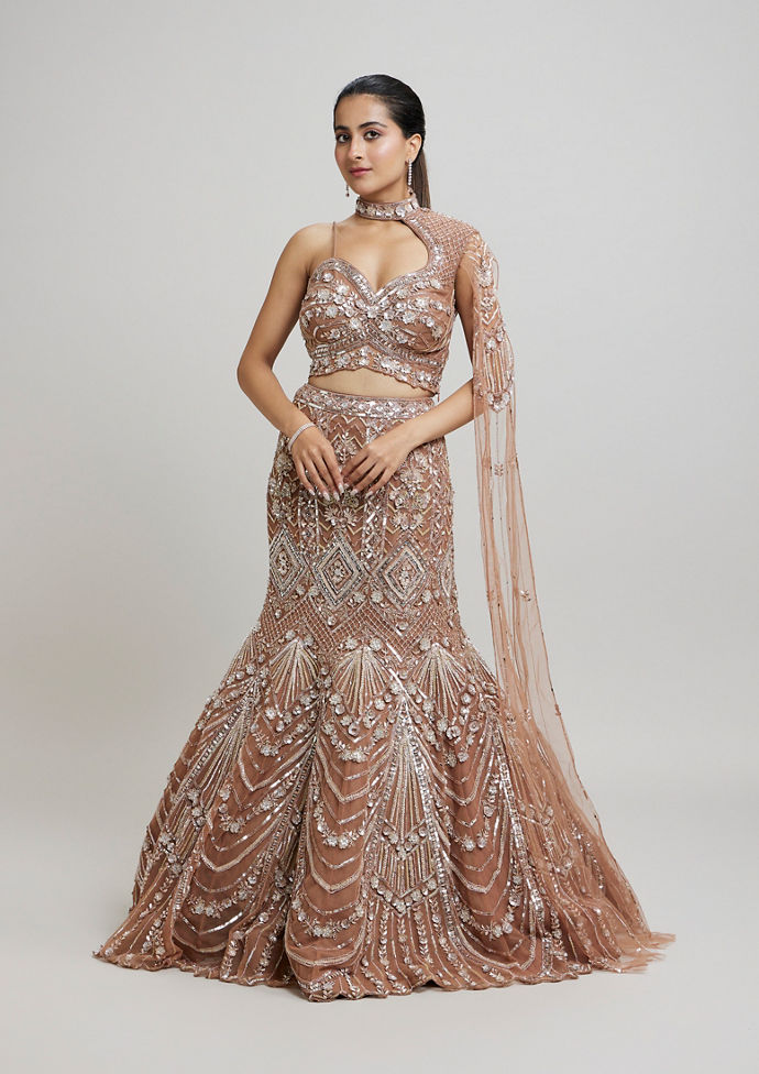 Twamev Women Regal Brown Net Lehenga