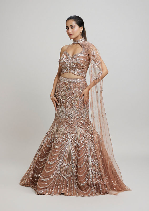 Twamev Women Regal Brown Net Lehenga