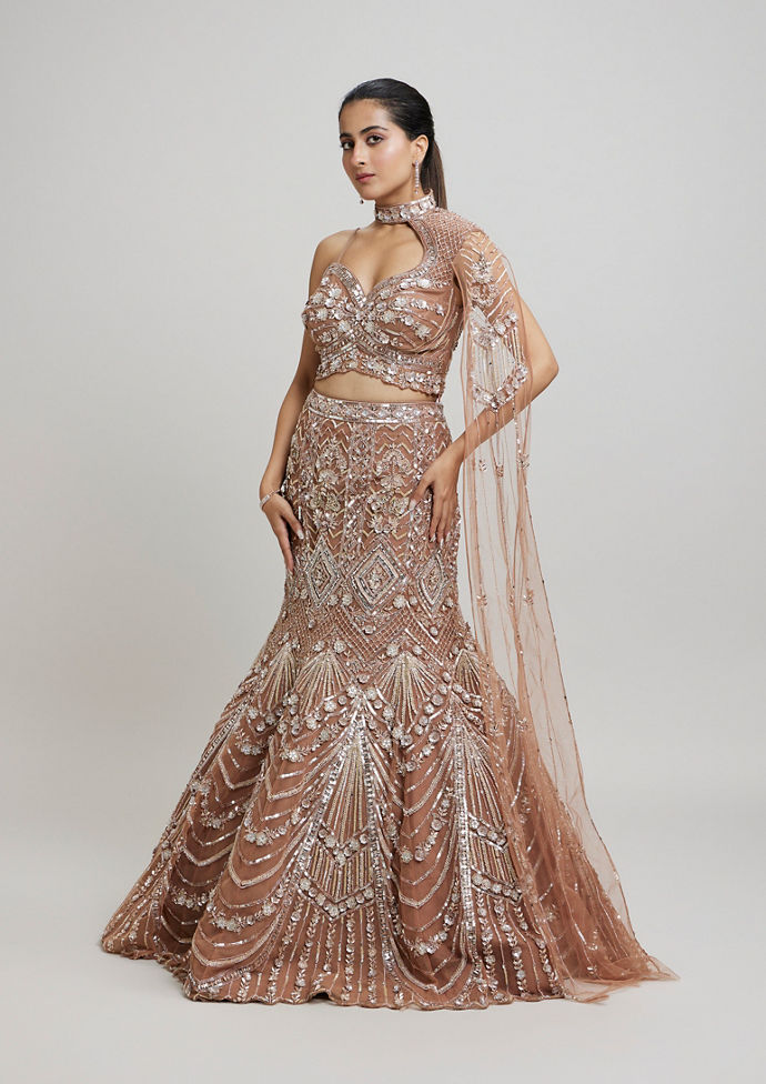 Twamev Women Regal Brown Net Lehenga