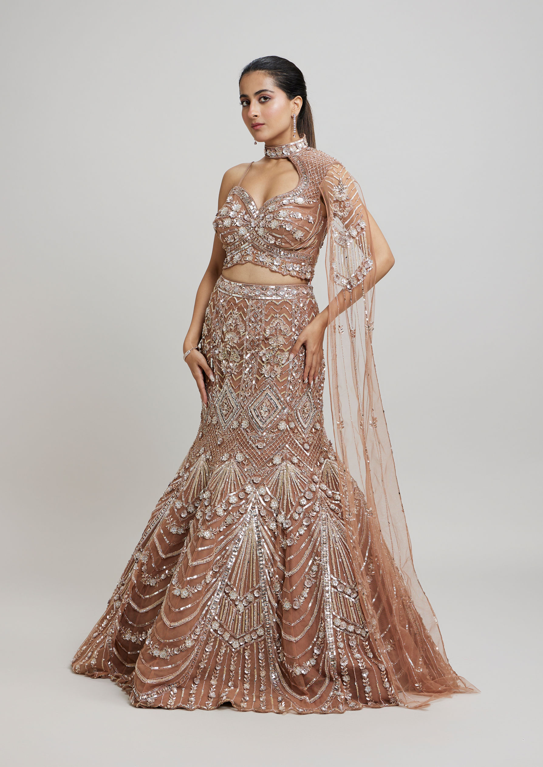 Twamev Women Regal Brown Net Lehenga