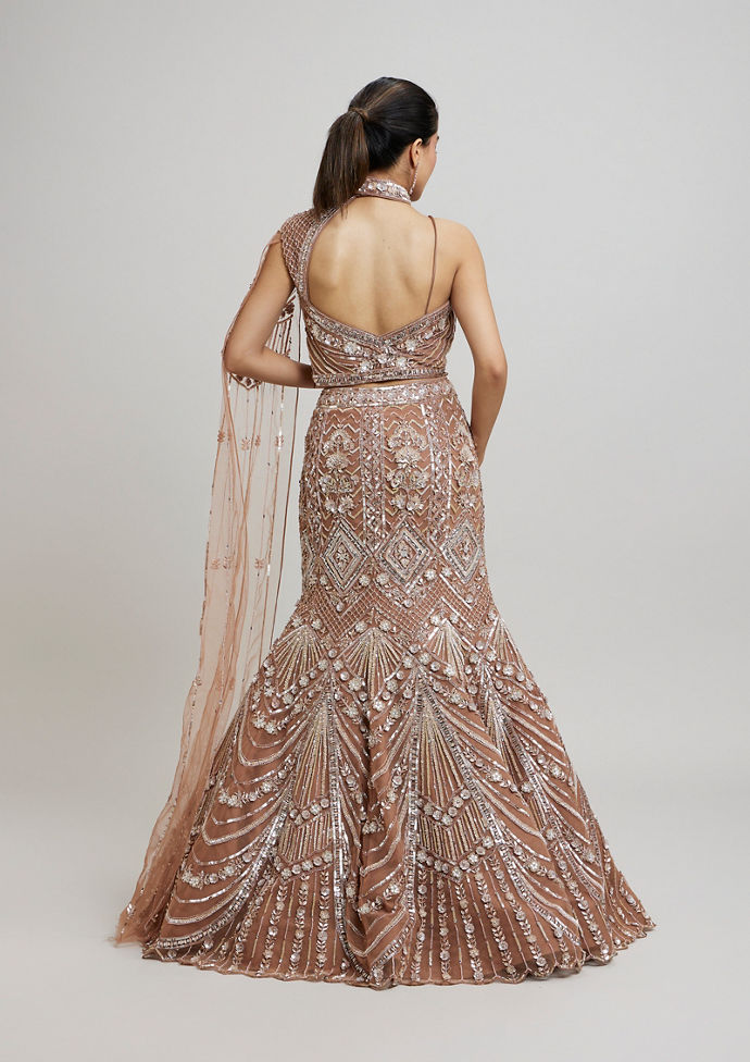 Twamev Women Regal Brown Net Lehenga
