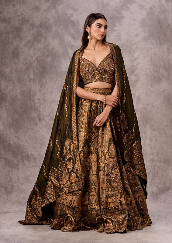 Twamev Women Mehandi Green Silk Brocade Embroidered Lehenga