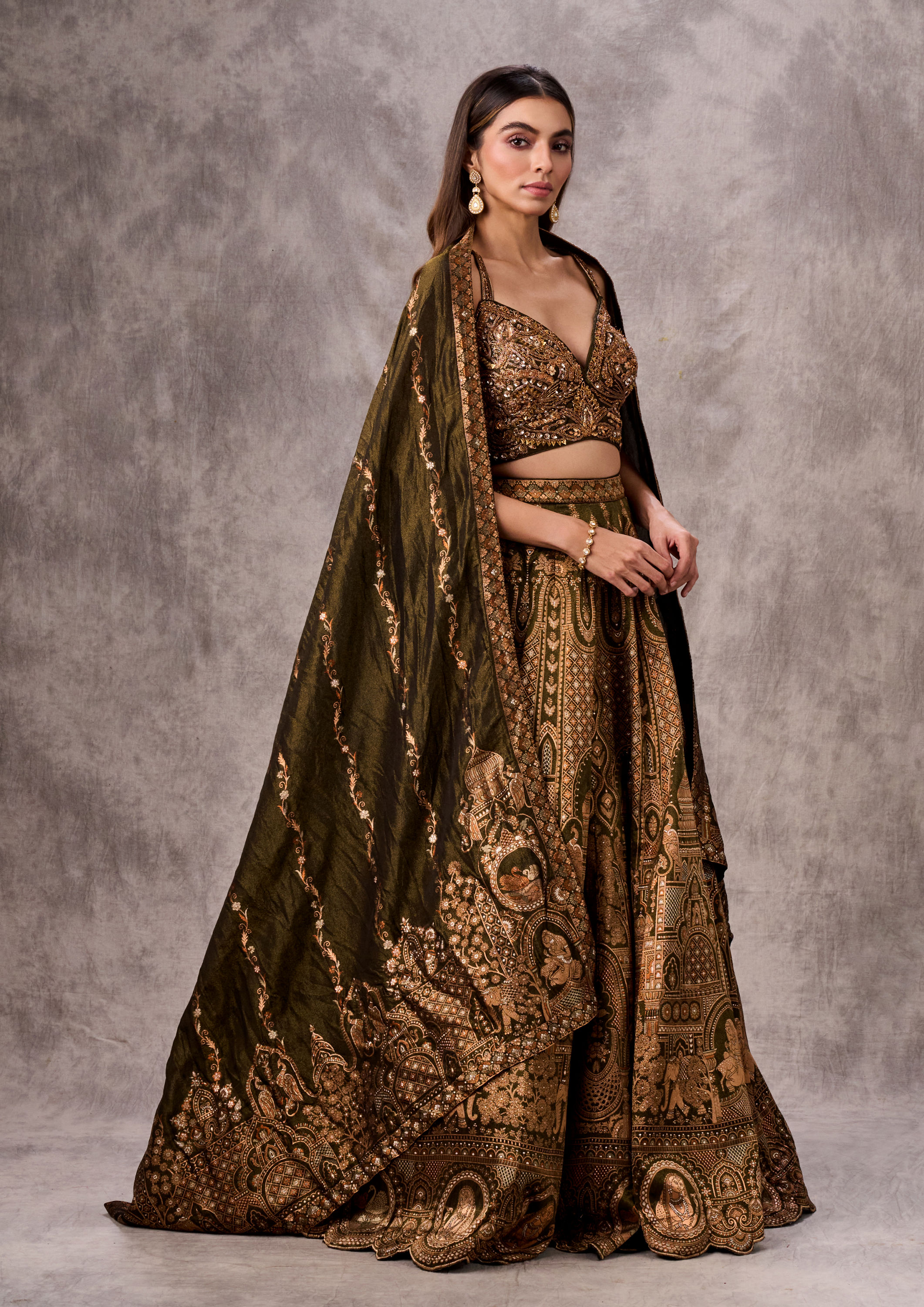 Twamev Women Mehandi Green Silk Brocade Embroidered Lehenga