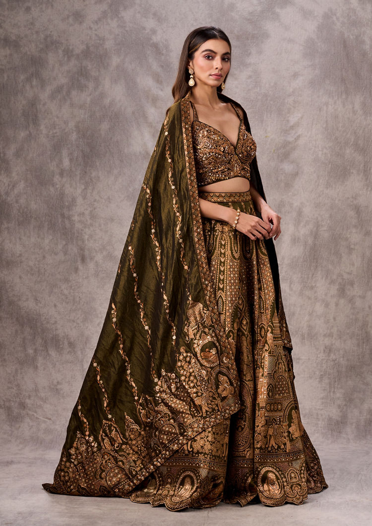 Twamev Women Mehandi Green Silk Brocade Embroidered Lehenga