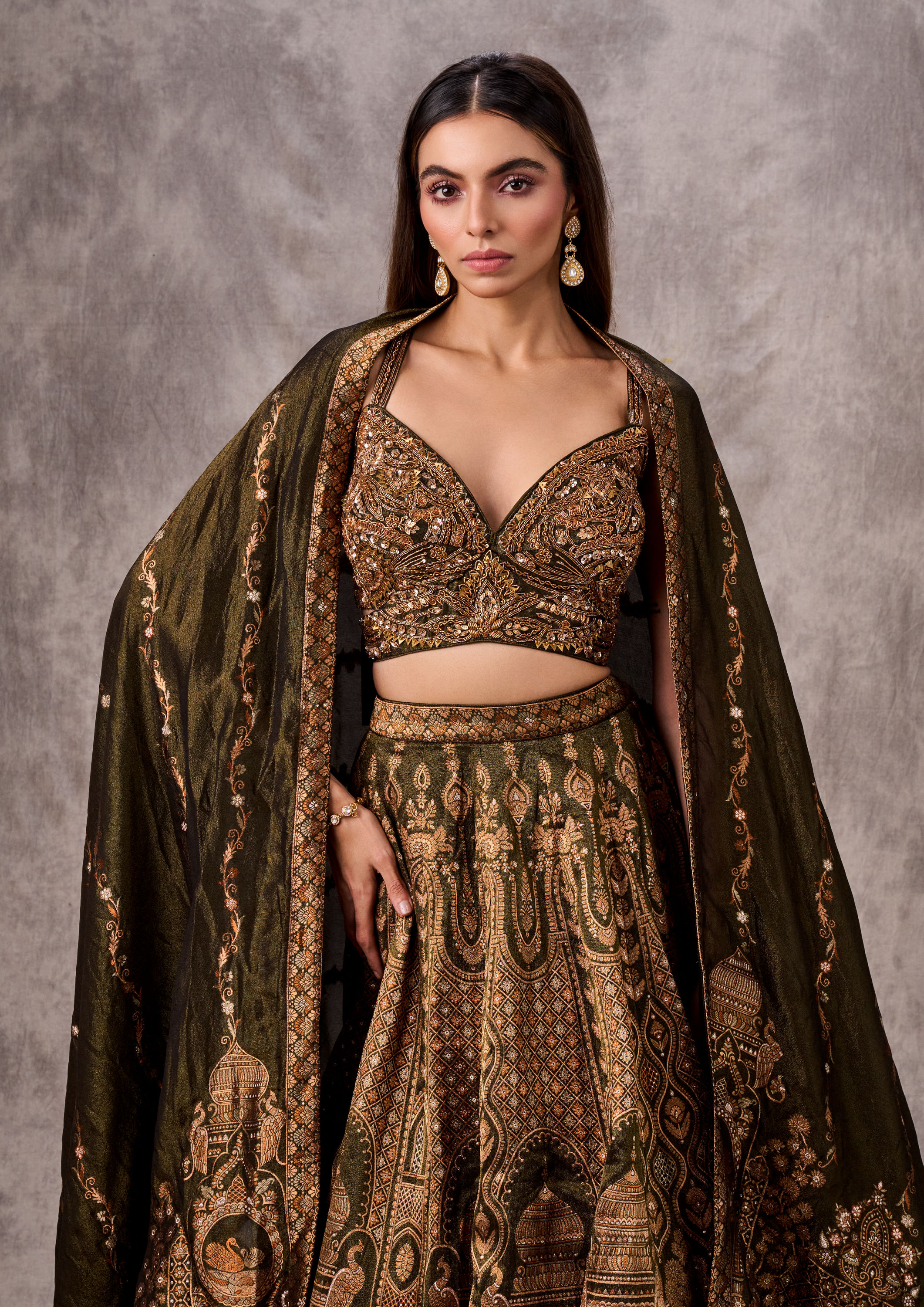 Twamev Women Mehandi Green Silk Brocade Embroidered Lehenga