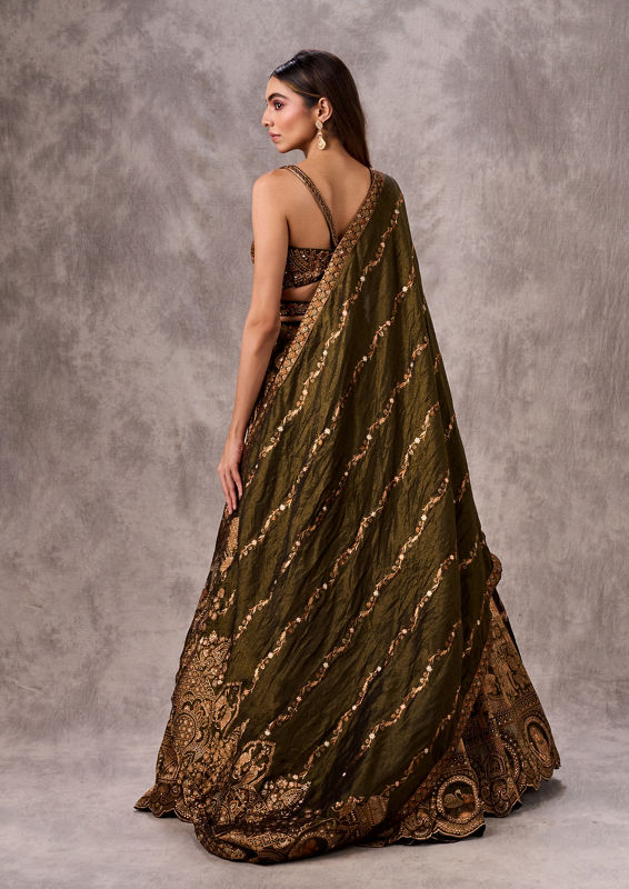 Twamev Women Mehandi Green Silk Brocade Embroidered Lehenga
