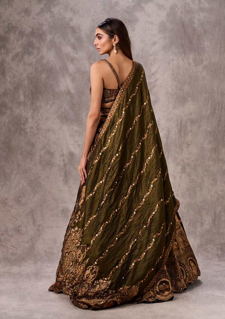 Twamev Women Mehandi Green Silk Brocade Embroidered Lehenga