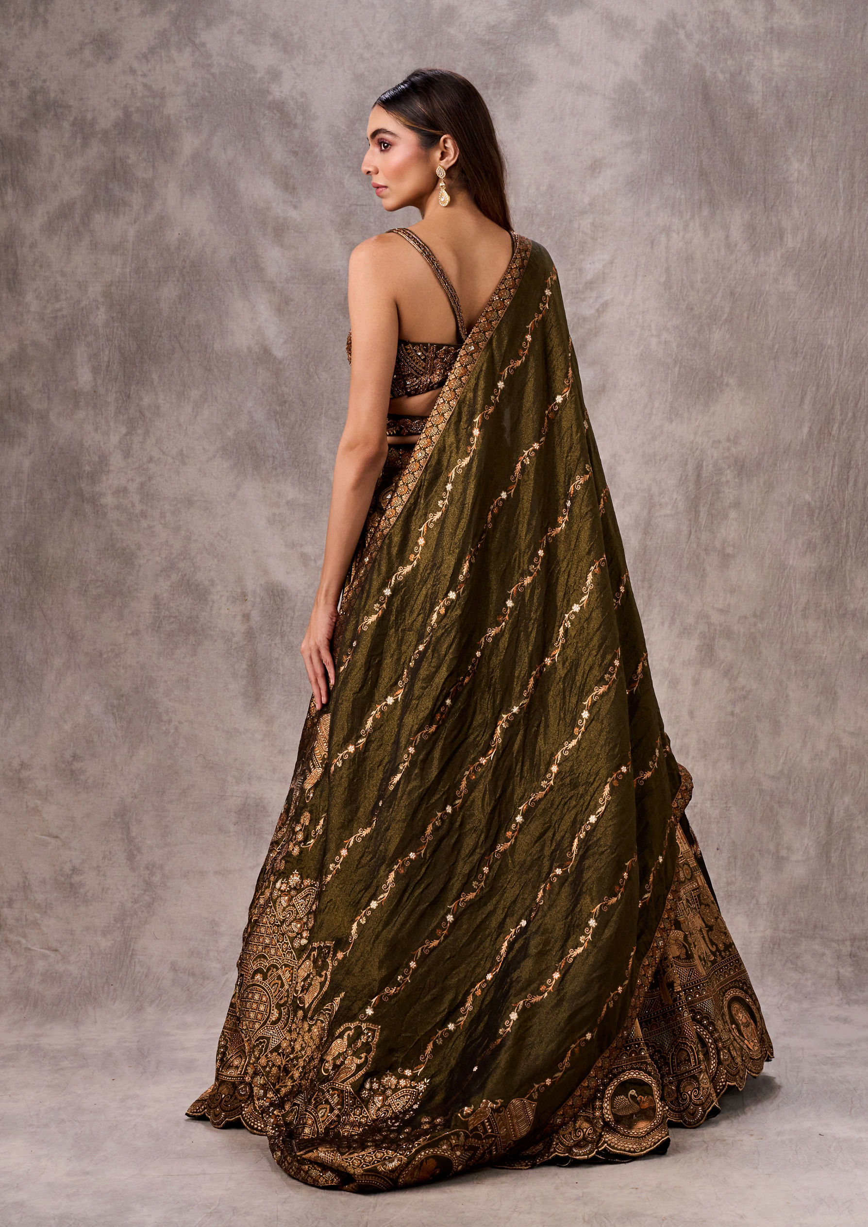 Twamev Women Mehandi Green Silk Brocade Embroidered Lehenga