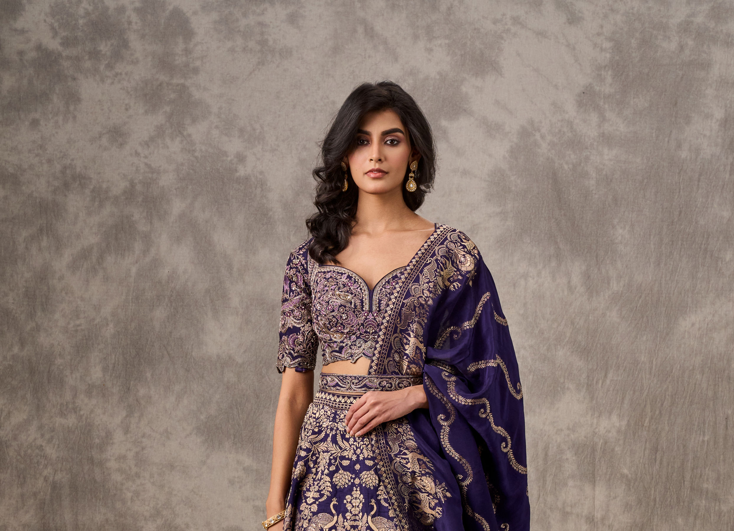Twamev Women Purple Banarasi Brocade Zardosi Embroidered Lehenga