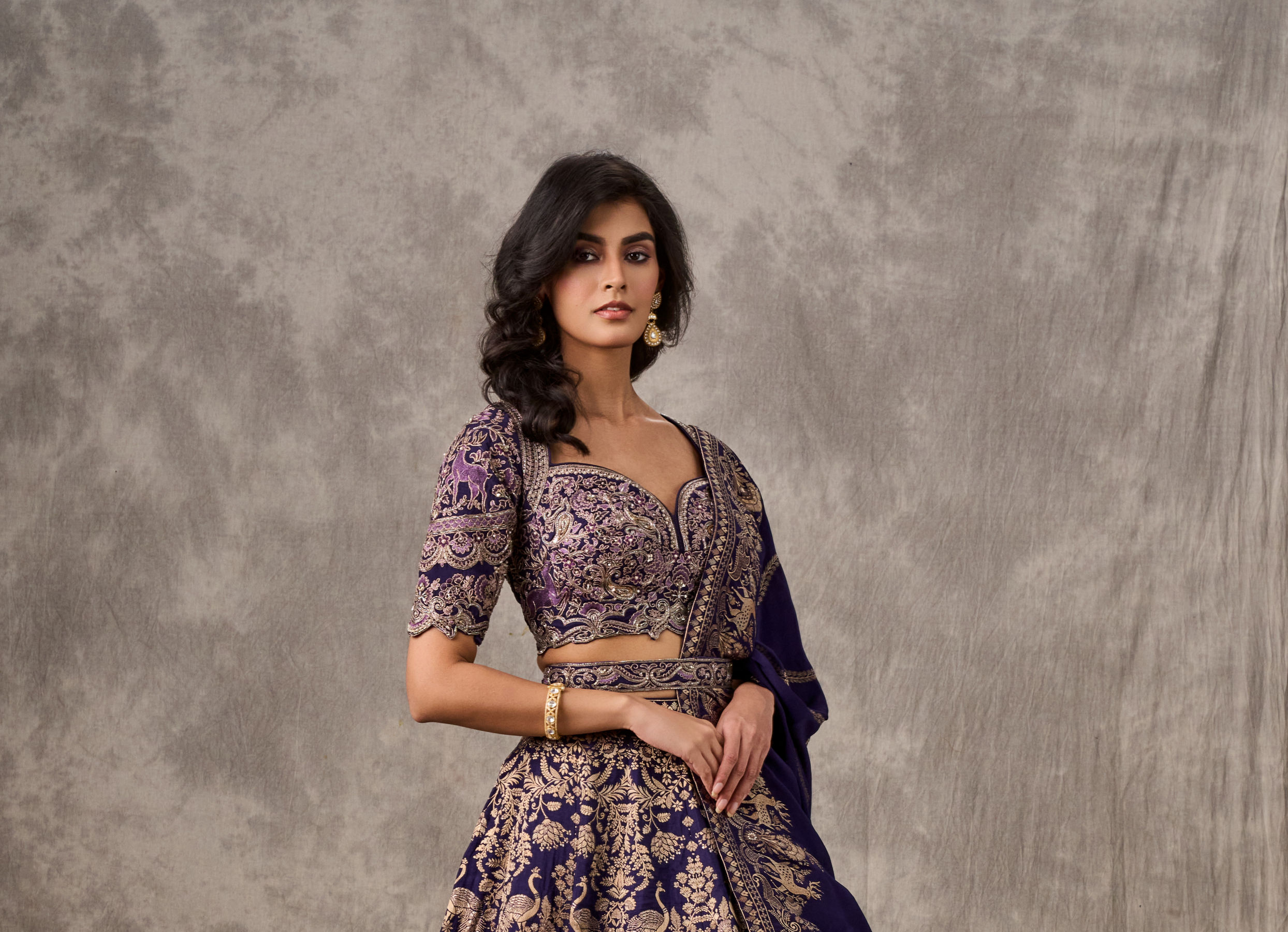 Twamev Women Purple Banarasi Brocade Zardosi Embroidered Lehenga