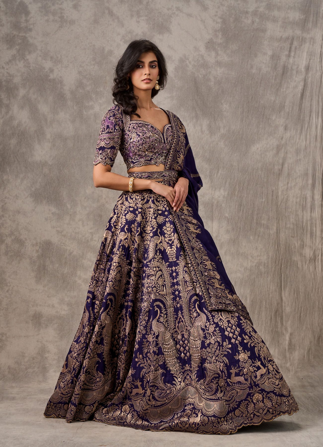 Twamev Women Purple Banarasi Brocade Zardosi Embroidered Lehenga
