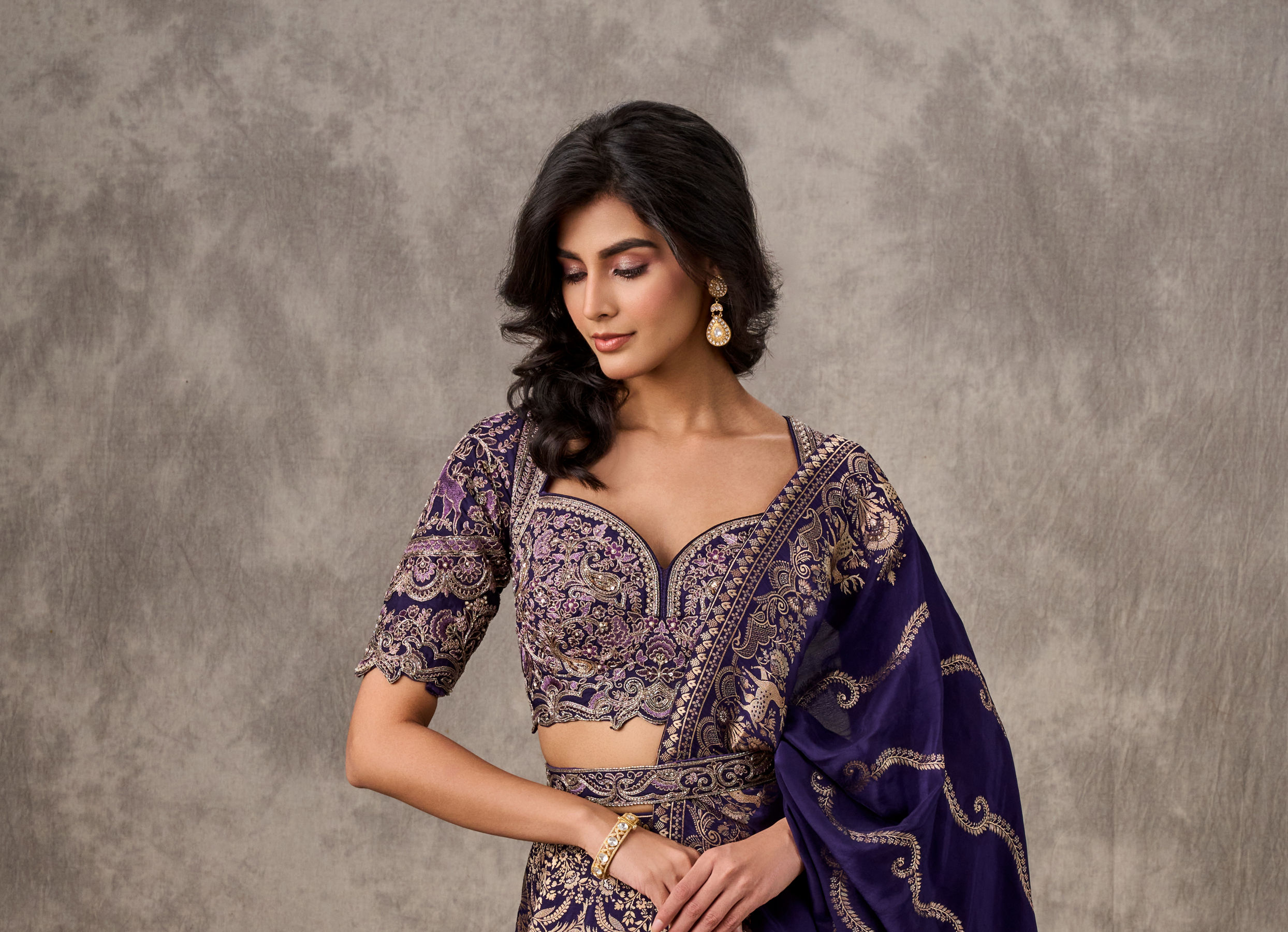 Twamev Women Purple Banarasi Brocade Zardosi Embroidered Lehenga