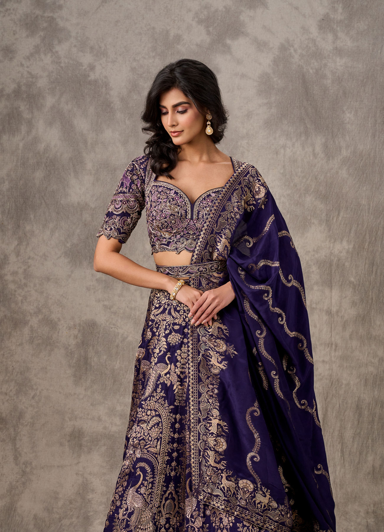 Twamev Women Purple Banarasi Brocade Zardosi Embroidered Lehenga
