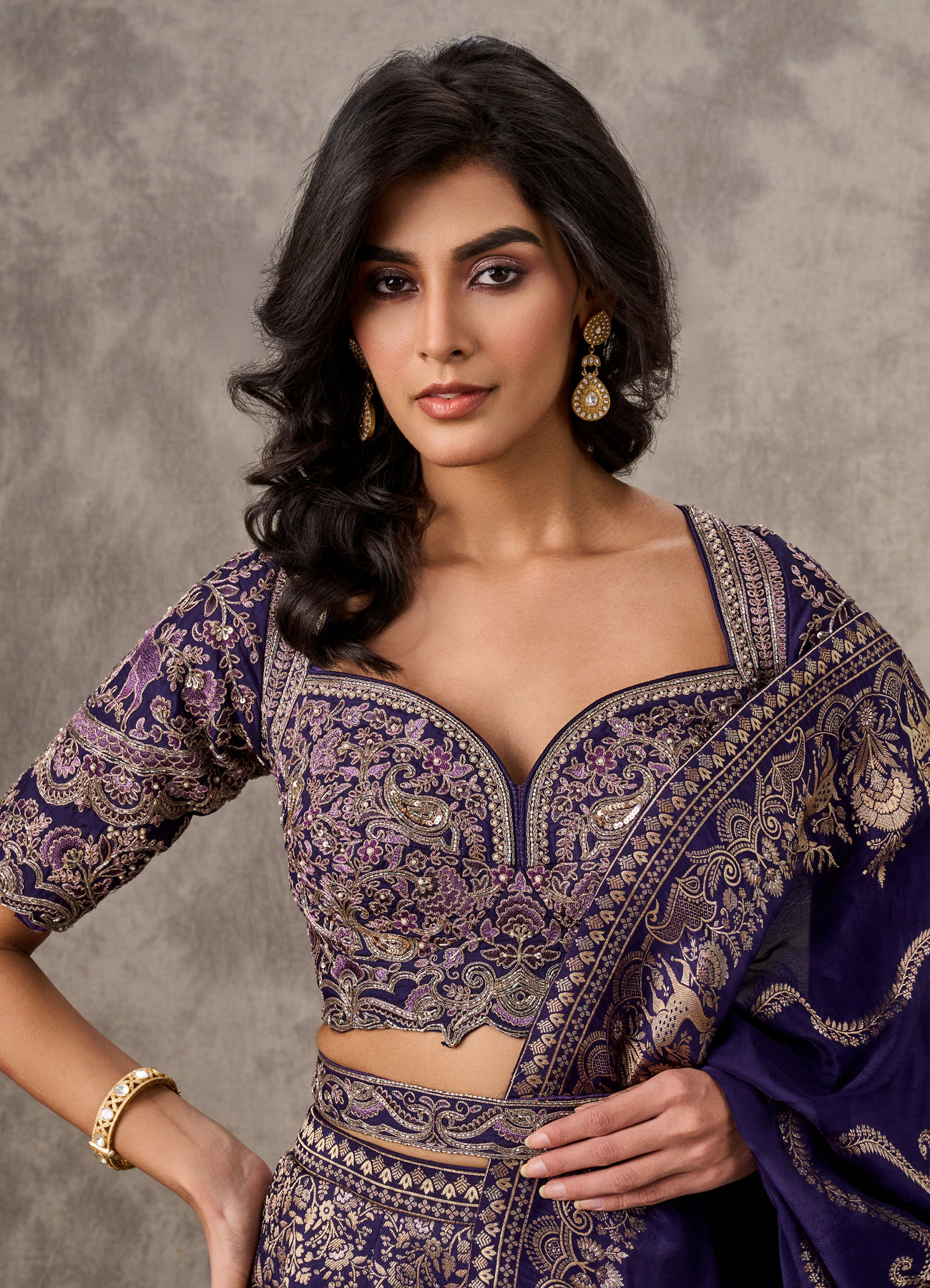 Twamev Women Purple Banarasi Brocade Zardosi Embroidered Lehenga