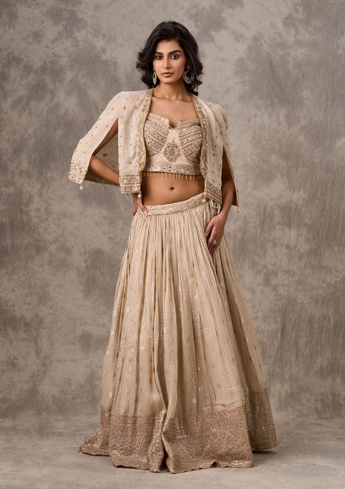 Twamev Women Cape Style Cream Lehenga Ensemble