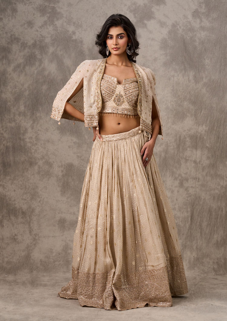 Twamev Women Cape Style Cream Lehenga Ensemble