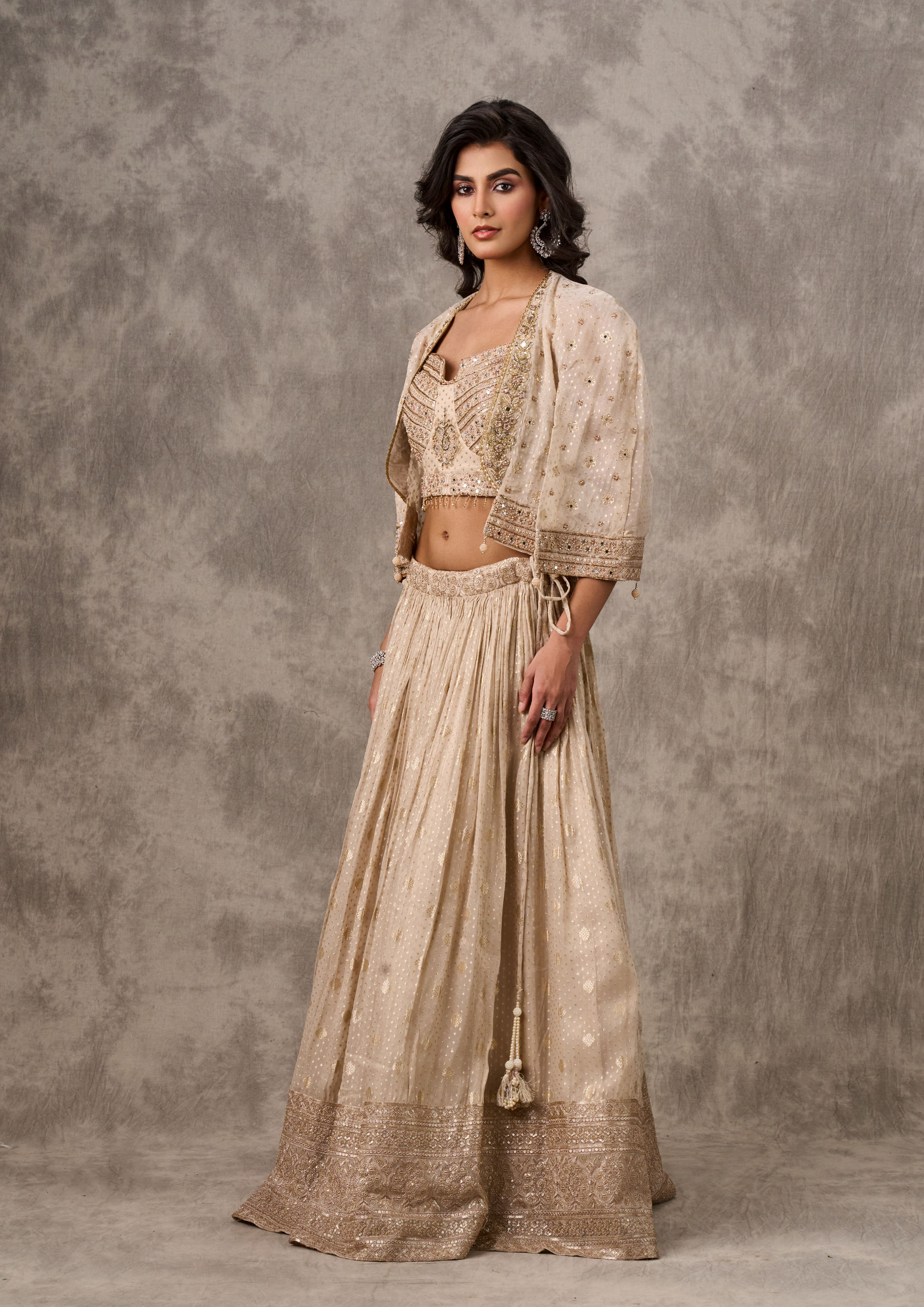 Twamev Women Cape Style Cream Lehenga Ensemble