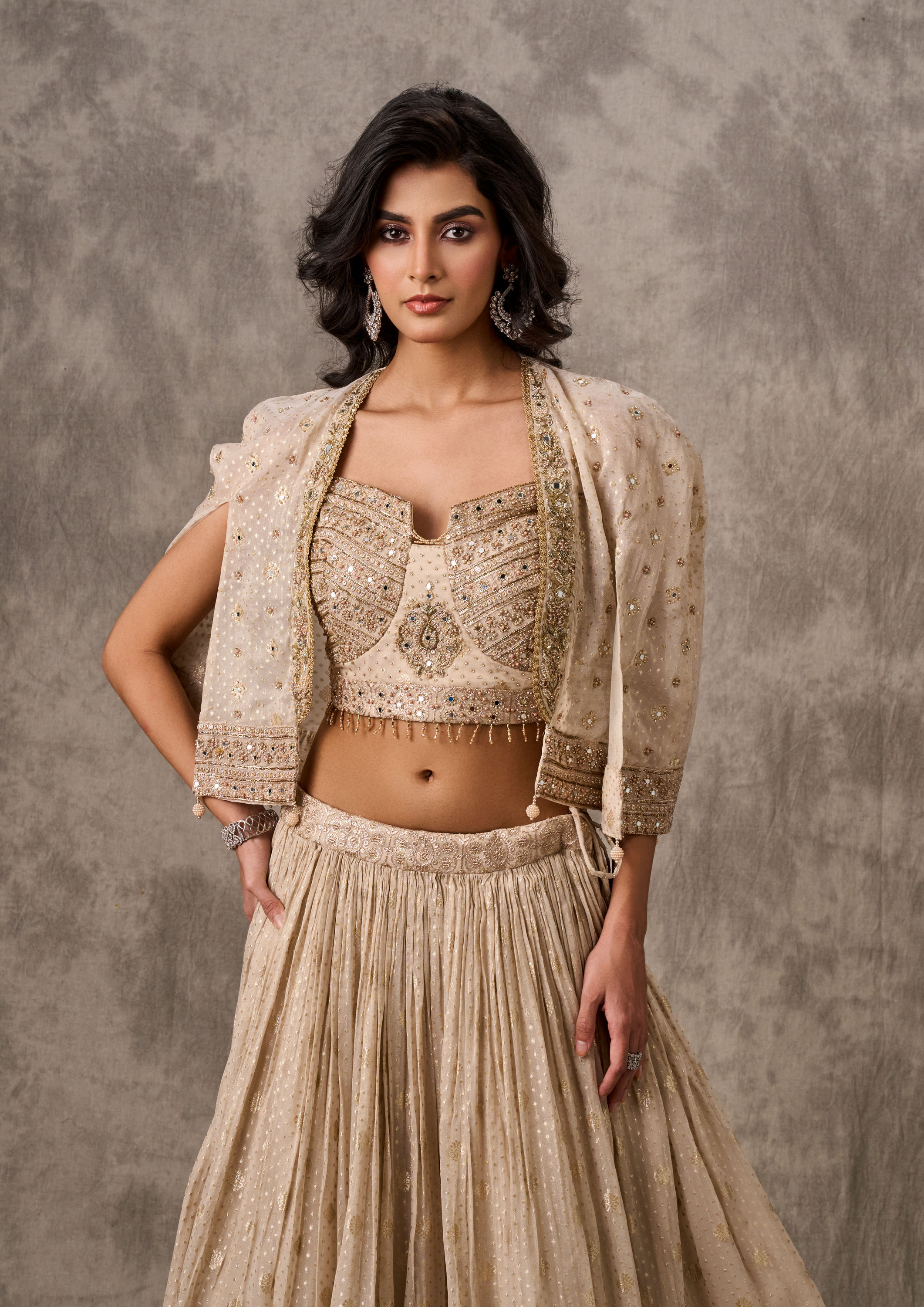 Twamev Women Cape Style Cream Lehenga Ensemble