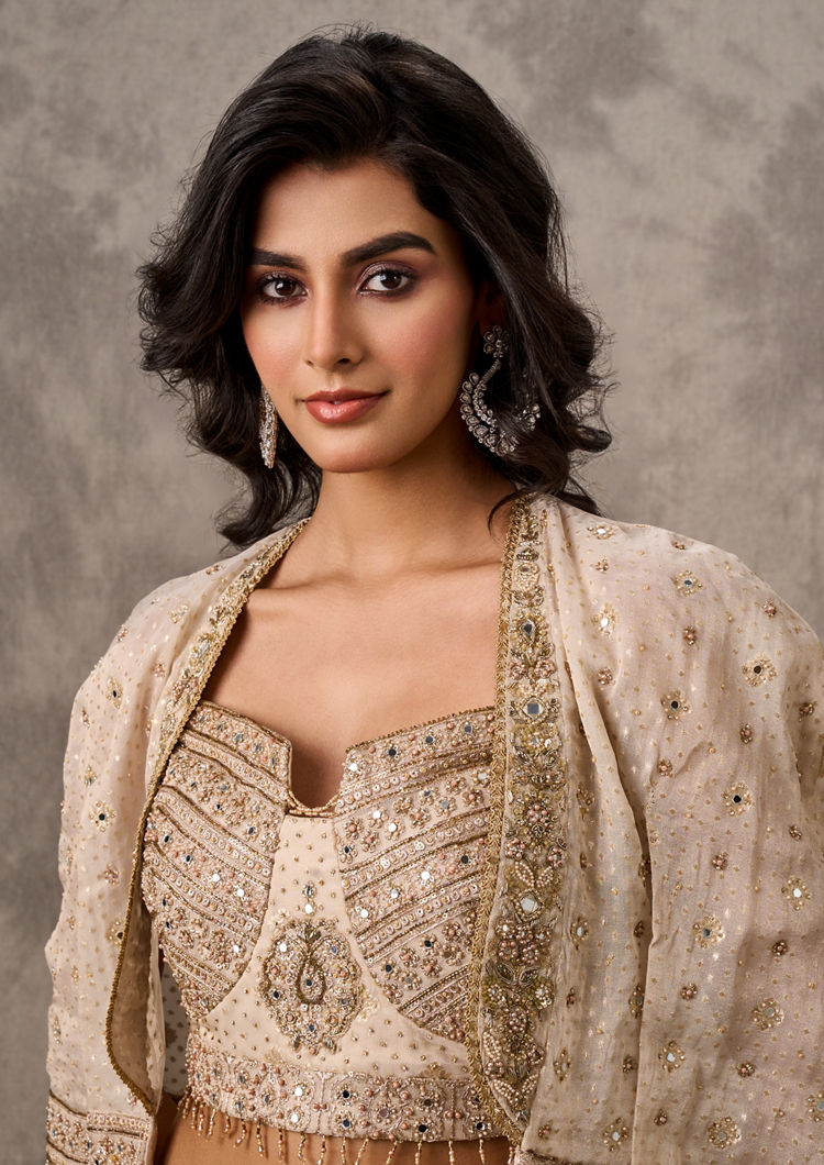 Twamev Women Cape Style Cream Lehenga Ensemble