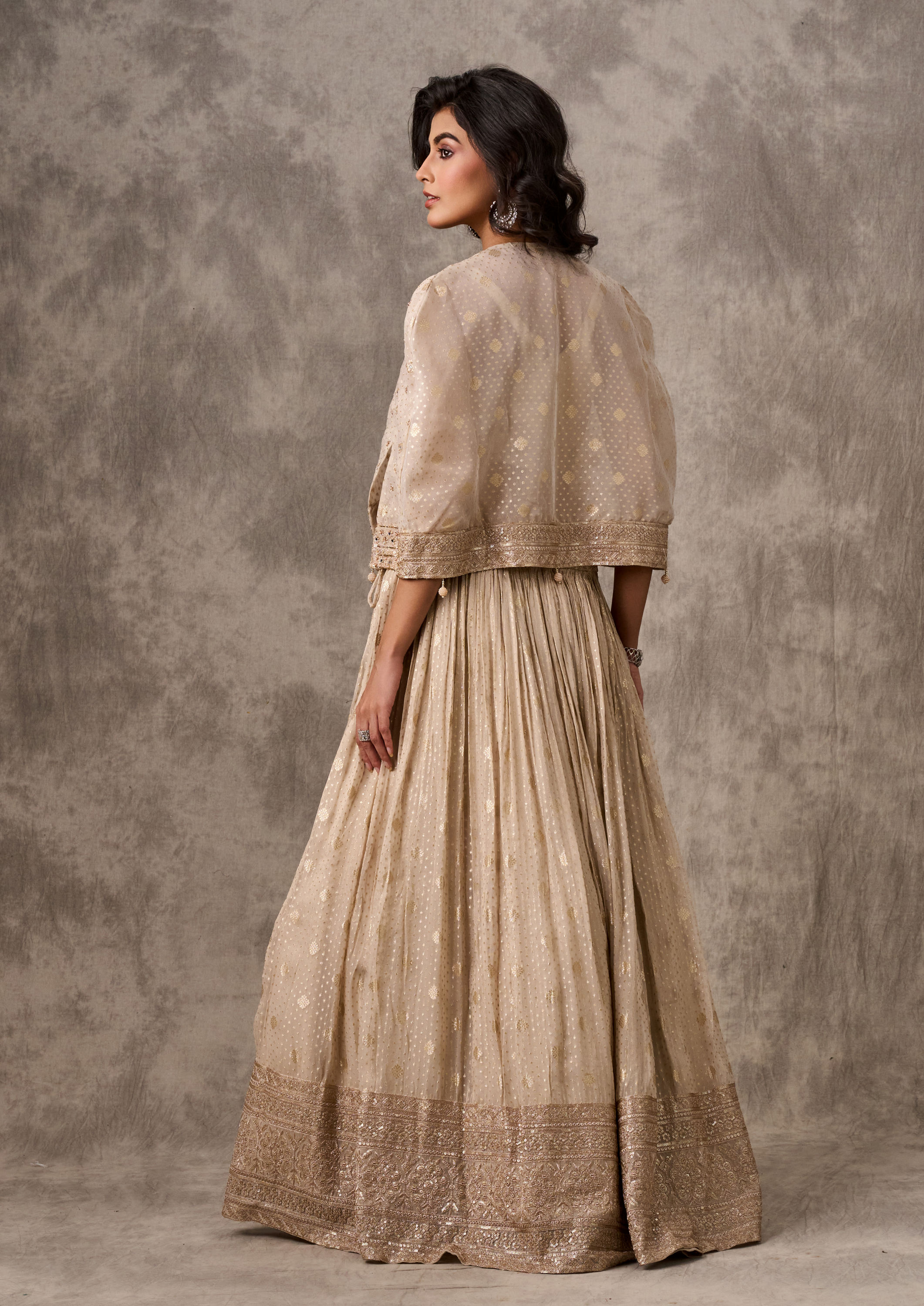 Twamev Women Cape Style Cream Lehenga Ensemble