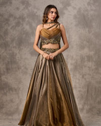 Twamev Women Golden Silver Ombre Tissue Embroidered Lehenga