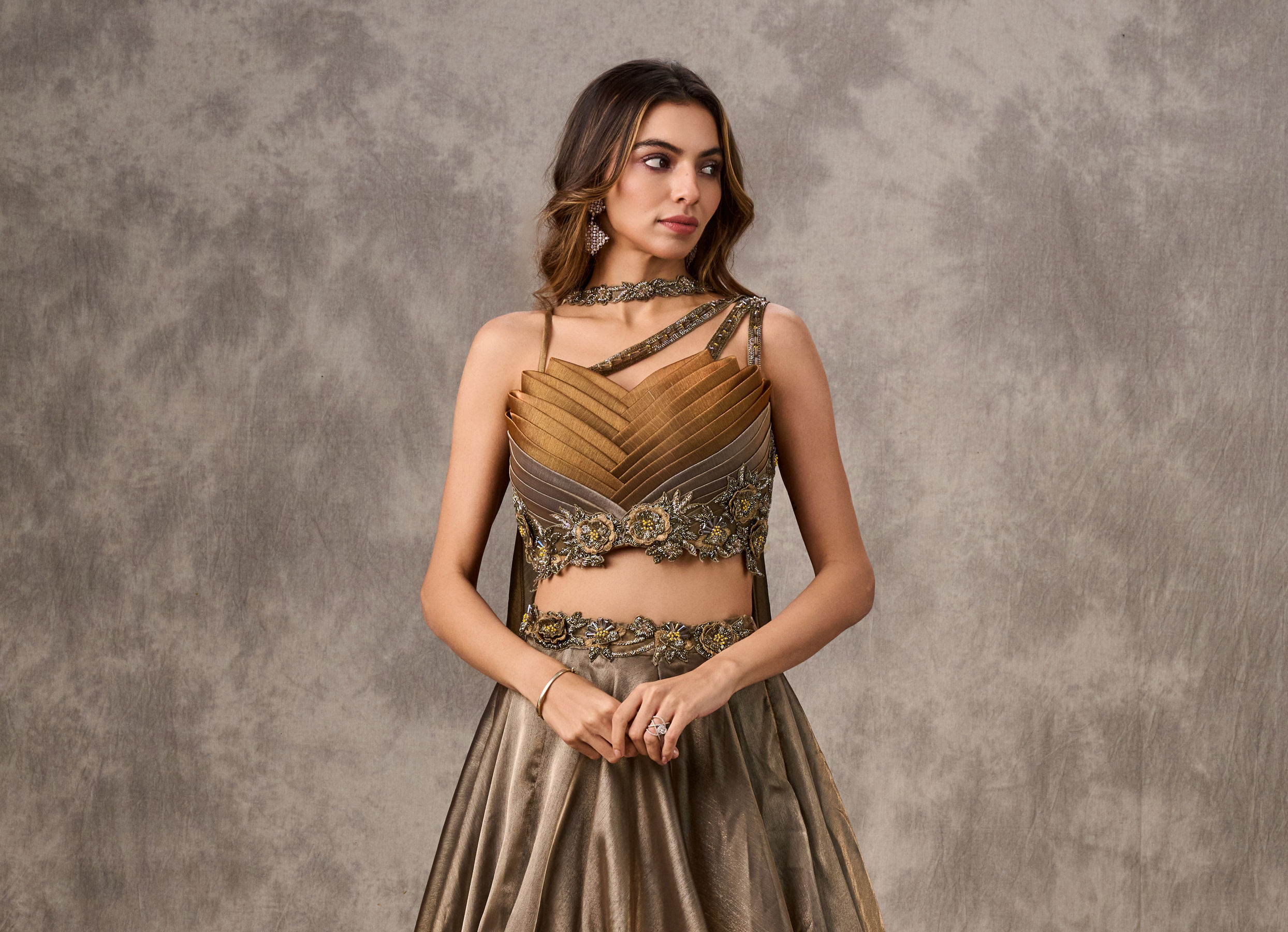 Twamev Women Golden Silver Ombre Tissue Embroidered Lehenga